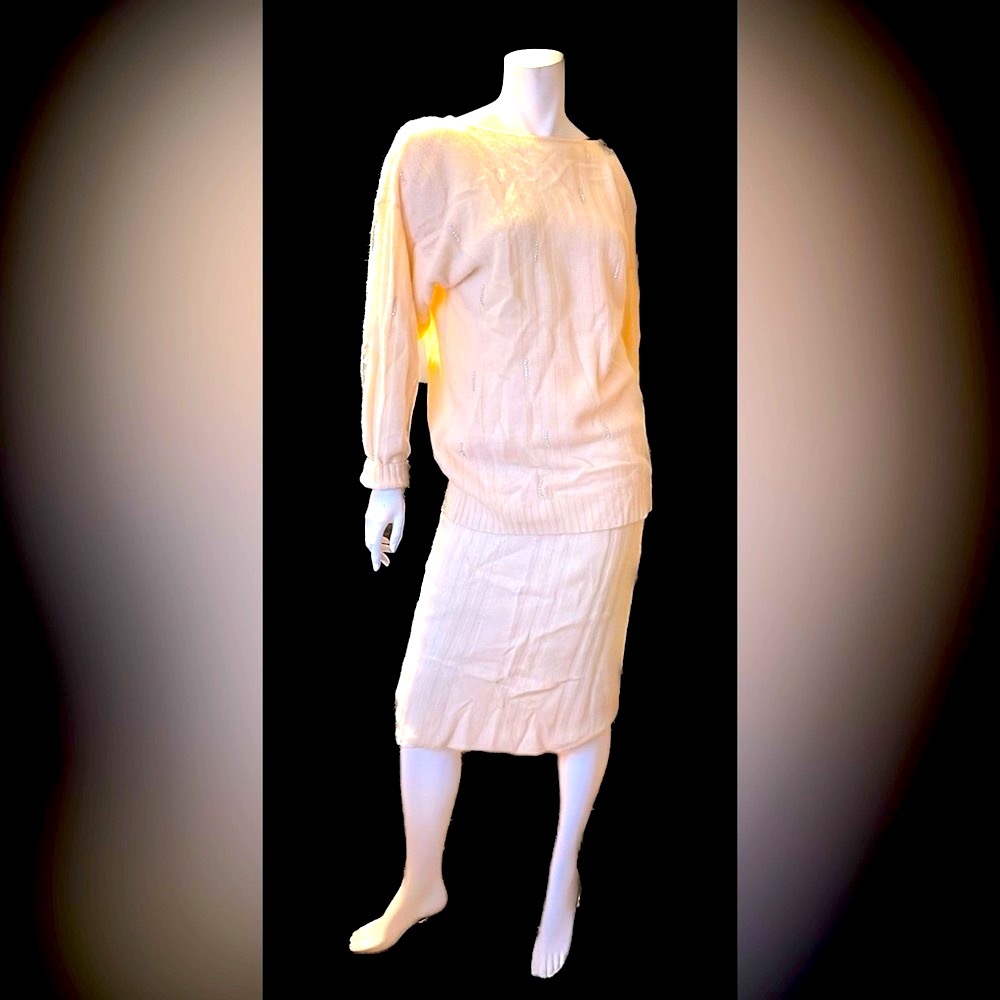 Designer sweater skirt set lambswool Angora Claude Vernet cream crystals Vintage